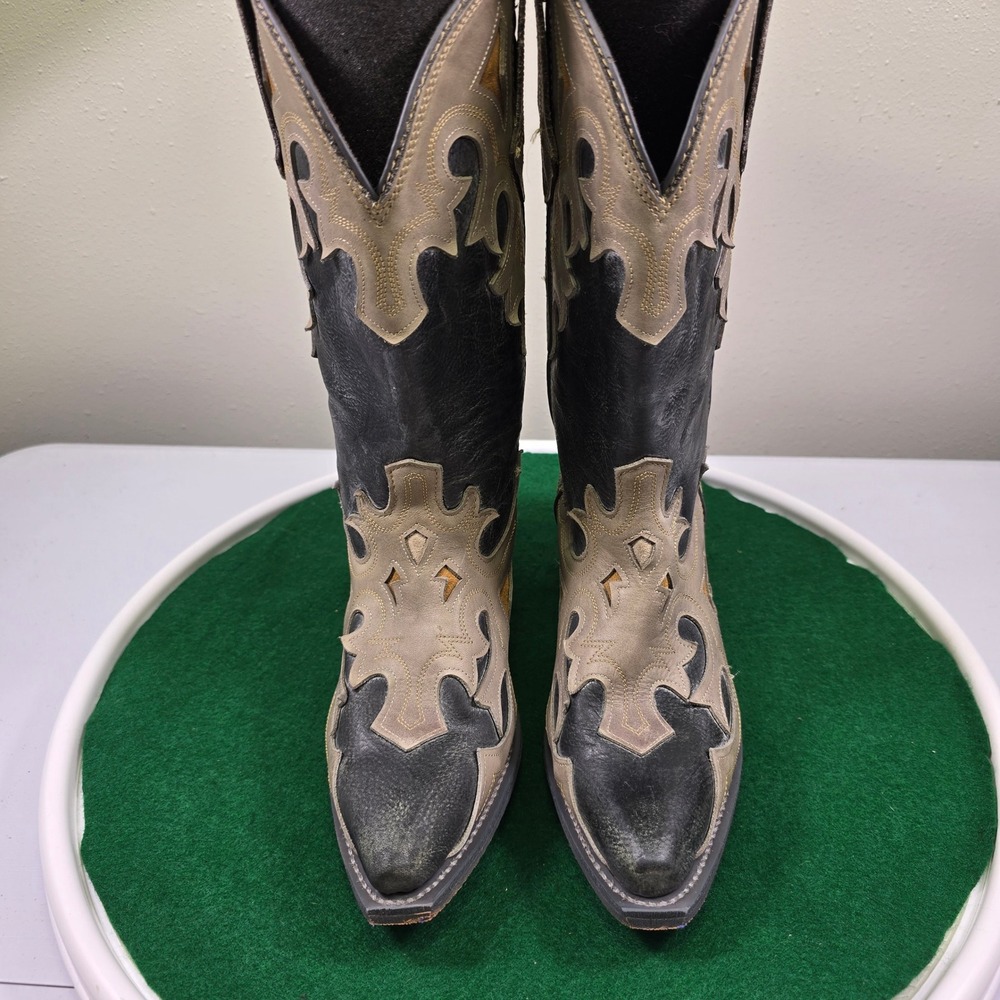 Rockin Country Leather Western Cowboy Boots Womens 9M Black Tan RC5107 Overlays
